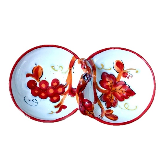 Other - Italian Pottery Dipping Sauce Two Compartment Basket Trinket Holder White Orange